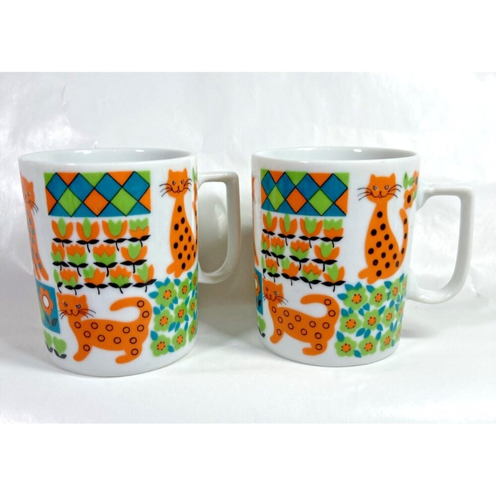 Persian Japan R 8010 Coffee Tea Mug Retro Orange Cat Flowers Set of 2